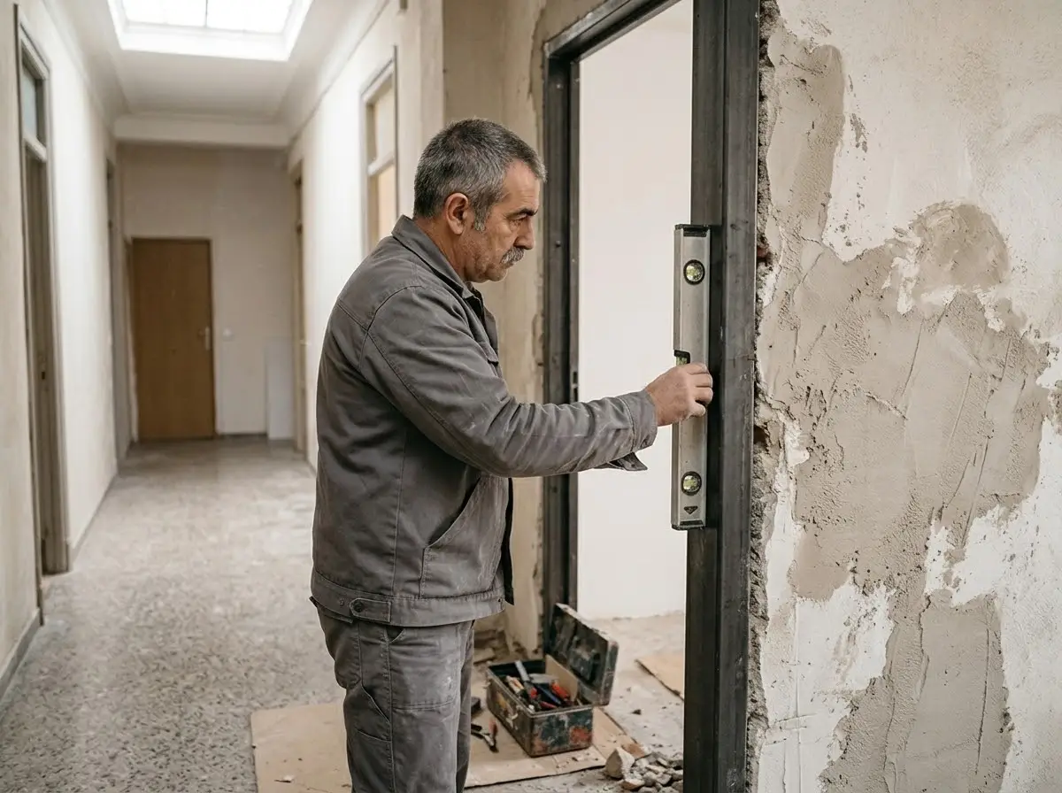 Técnico de unos cincuenta años con ropa de trabajo gris nivelando el marco de acero de una puerta acorazada en el hueco de una pared