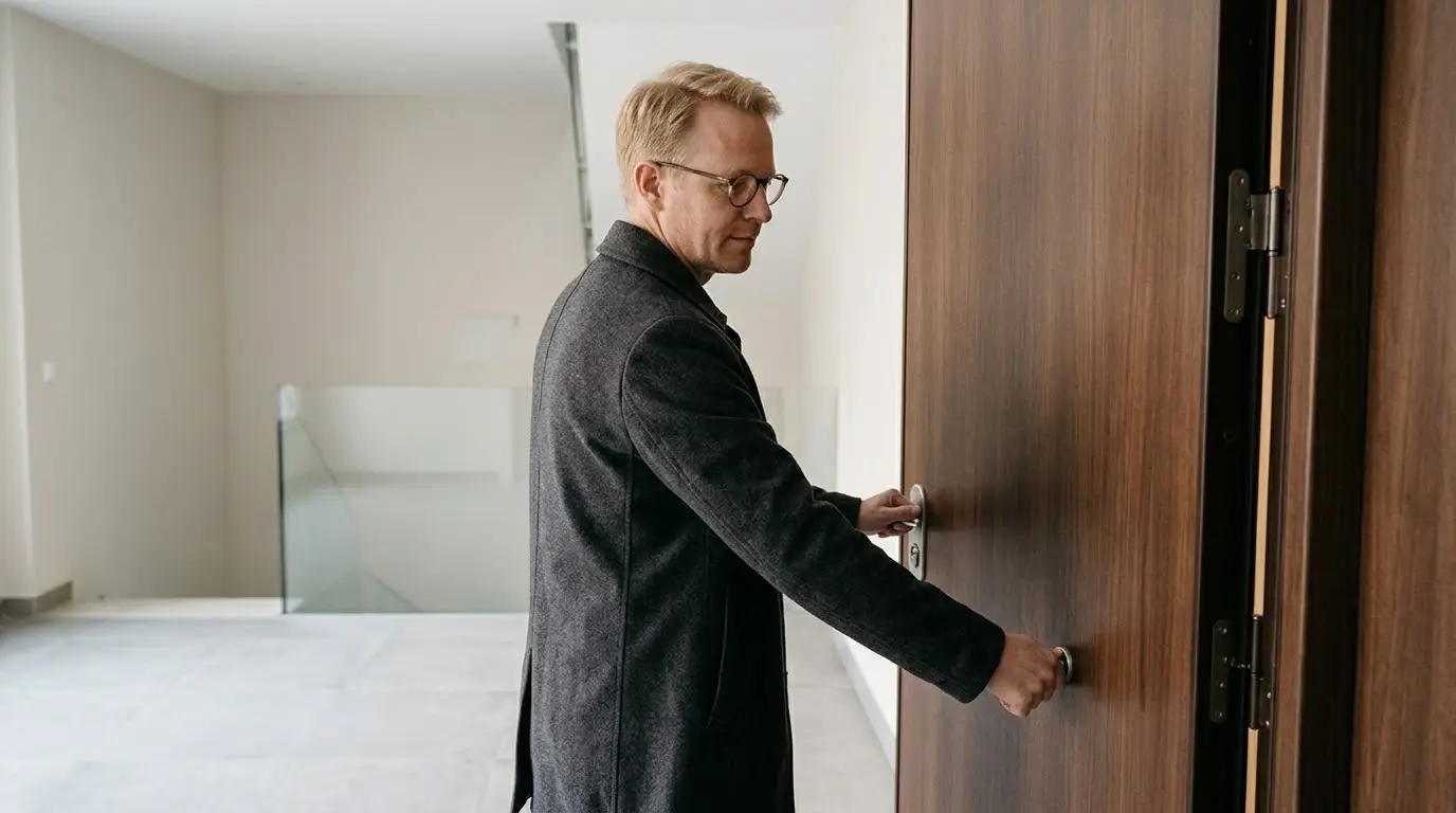Hombre de unos cuarenta y cinco años cerrando la puerta acorazada de su piso, con acabado de madera oscura, en un rellano luminoso