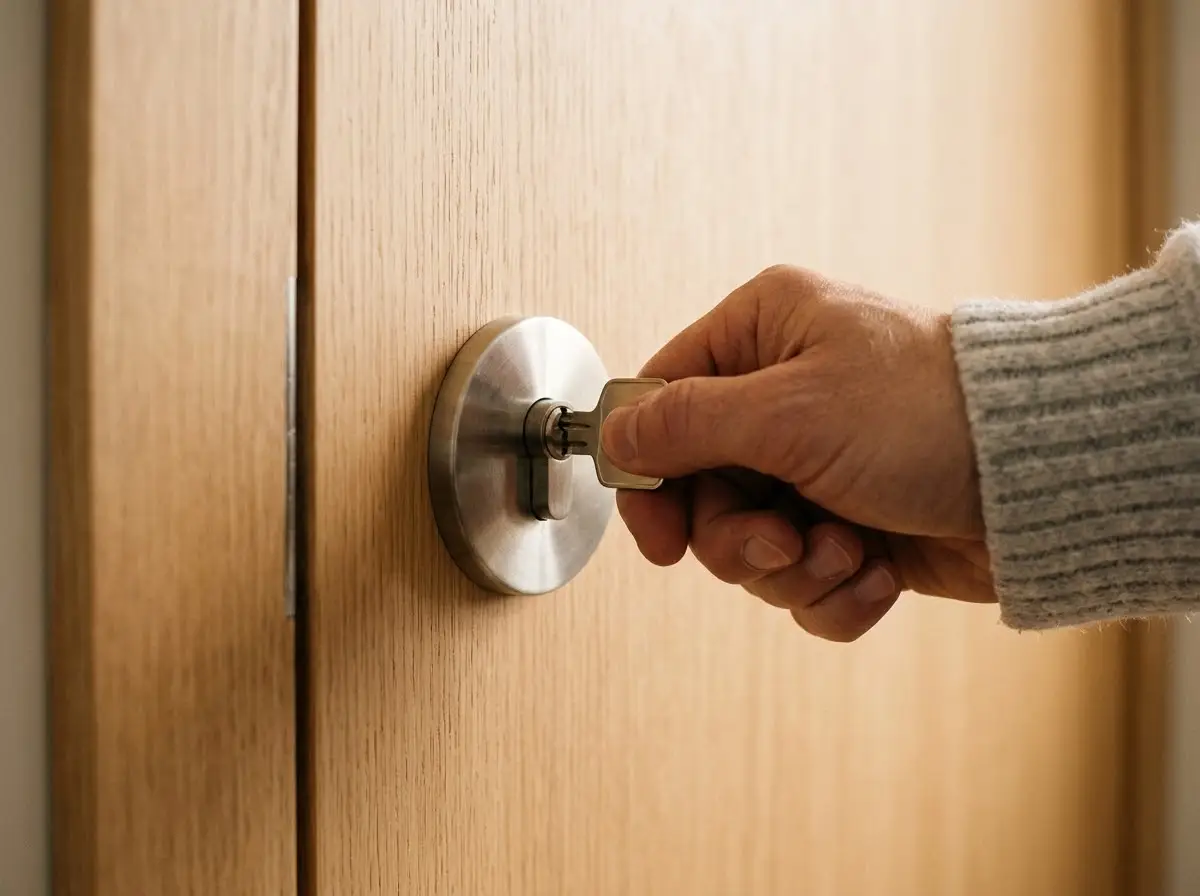 Primer plano de una mano girando una llave en el bombín de una puerta blindada de madera, con escudo metálico