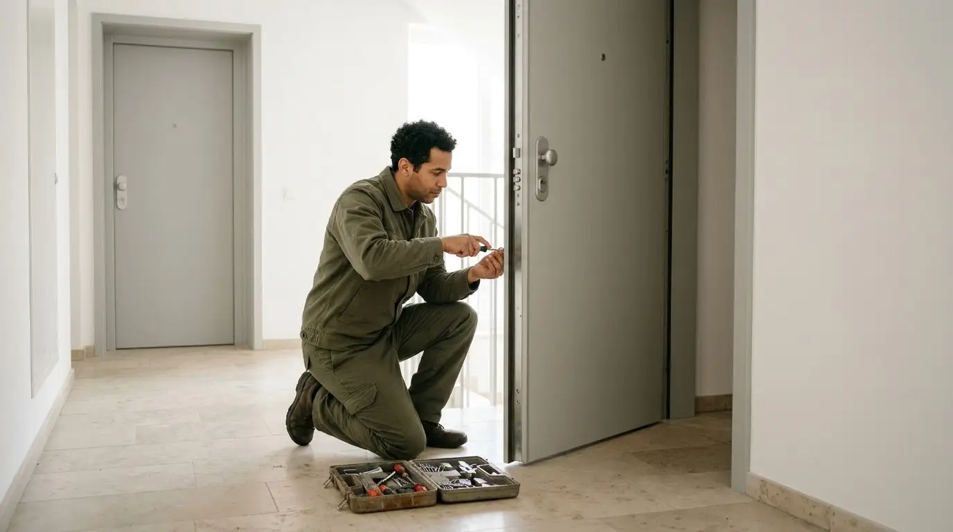 Técnico de unos treinta y cinco años con ropa de trabajo verde oliva cambiando la cerradura de una puerta blindada abierta
