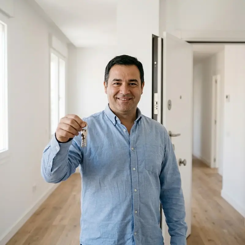 Hombre de unos cincuenta años con un juego de llaves en el recibidor de un piso vacío