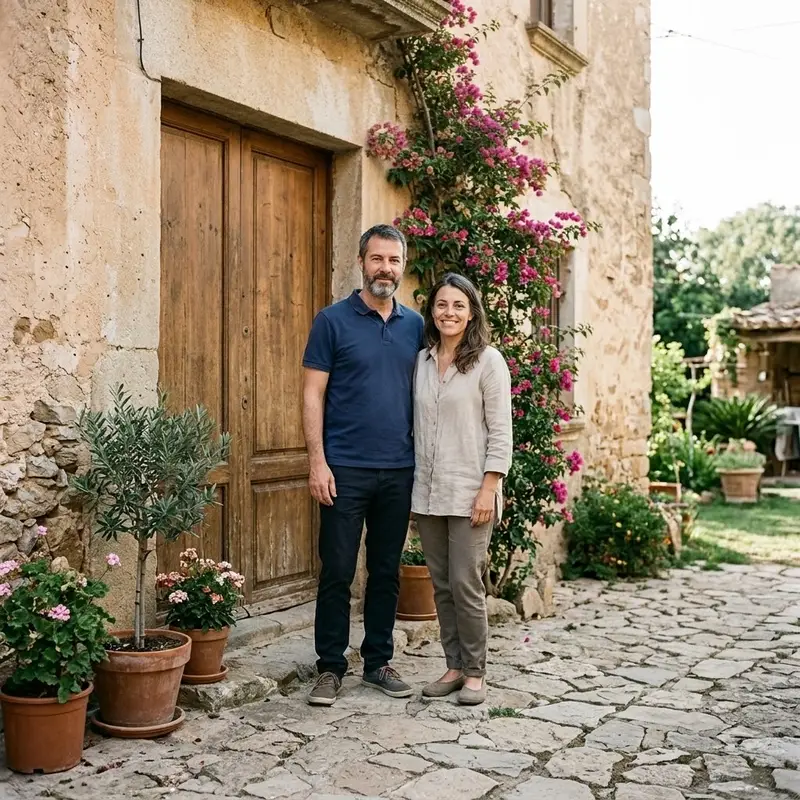 Pareja de mediana edad en la entrada de su casa con jardín