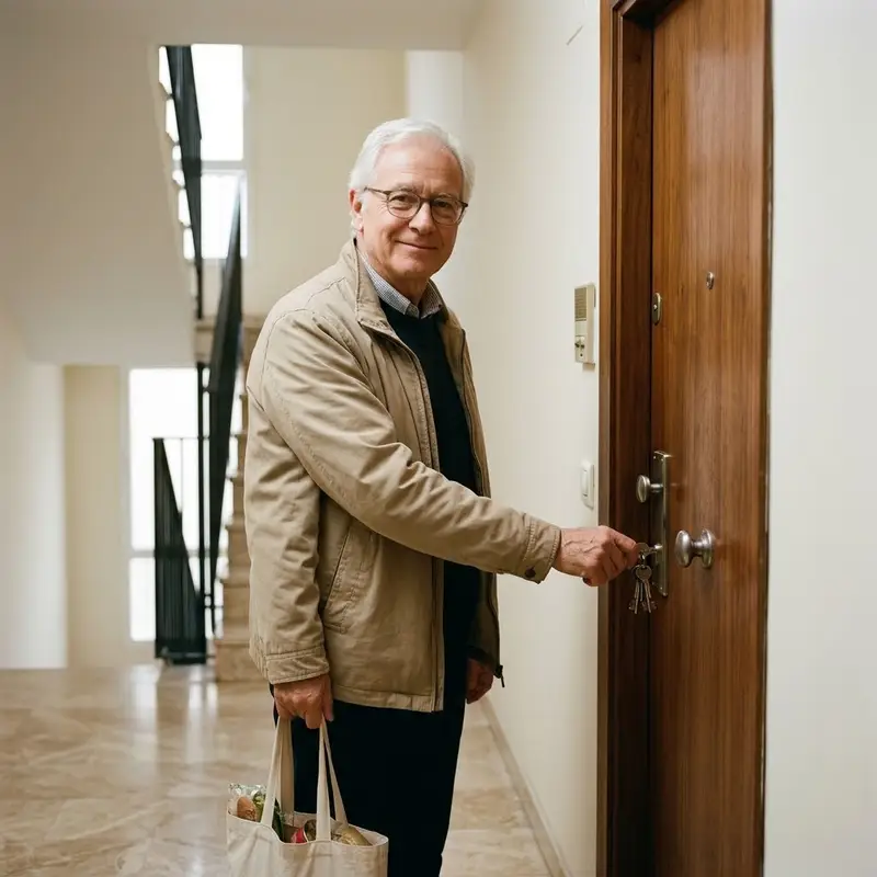 Hombre de unos sesenta años abriendo la puerta de su piso en el rellano de un edificio antiguo