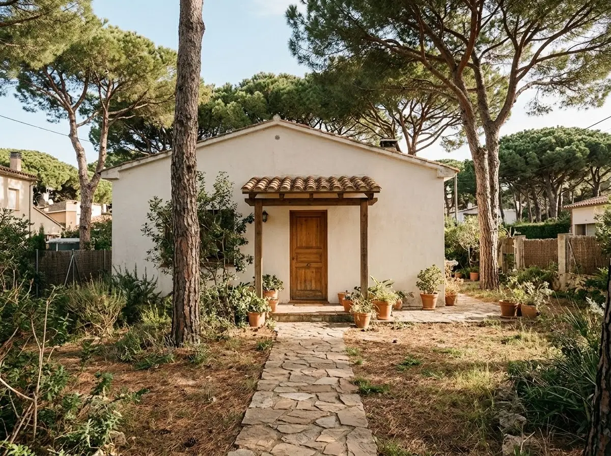 Chalet blanco con jardín y pinos en una urbanización de la costa, con la puerta de entrada de madera