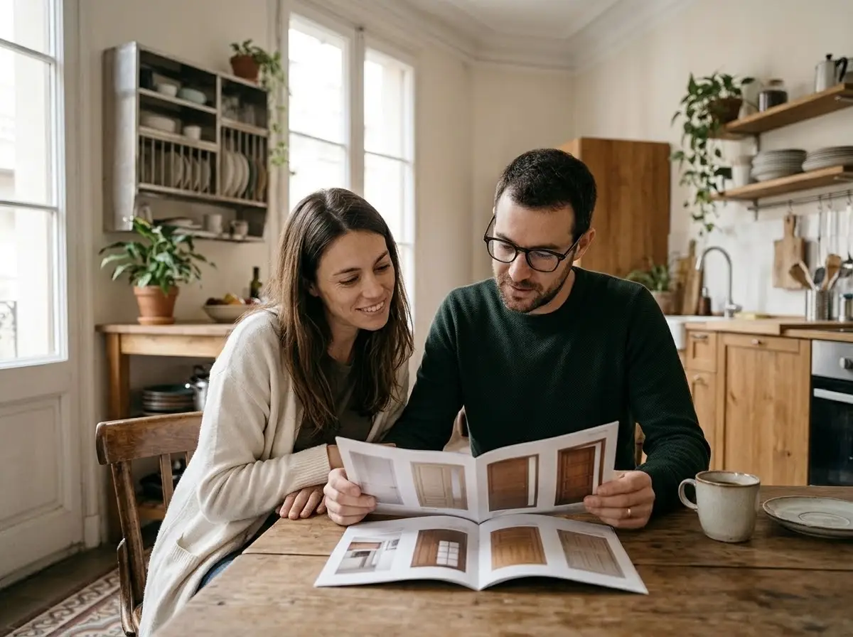 Pareja de unos cuarenta años leyendo juntos el catálogo de una puerta en la mesa de su cocina