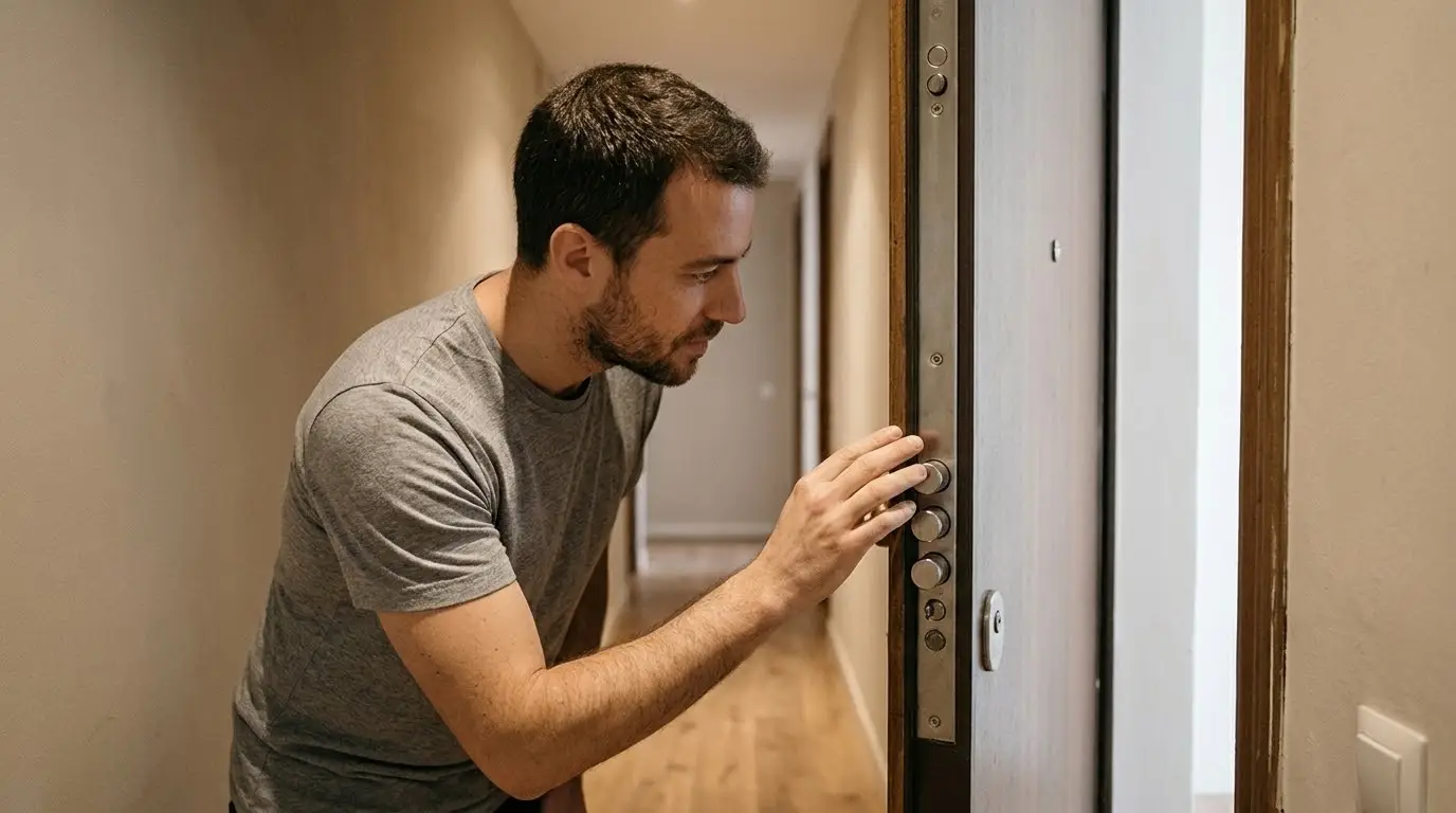 Hombre de unos treinta y cinco años mirando de cerca el canto de una puerta acorazada abierta en un rellano