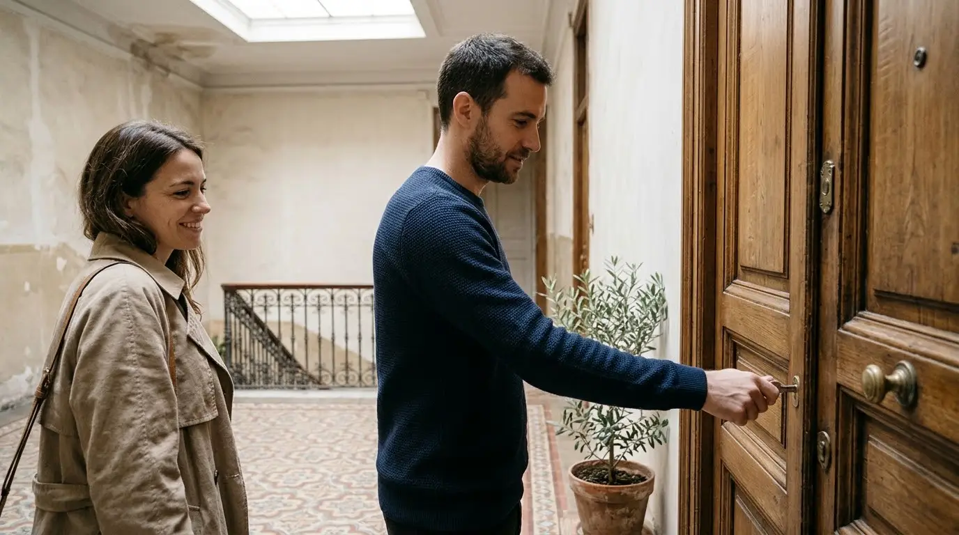 Pareja joven cerrando con llave la puerta blindada de madera de su piso, en el rellano de un edificio de Barcelona