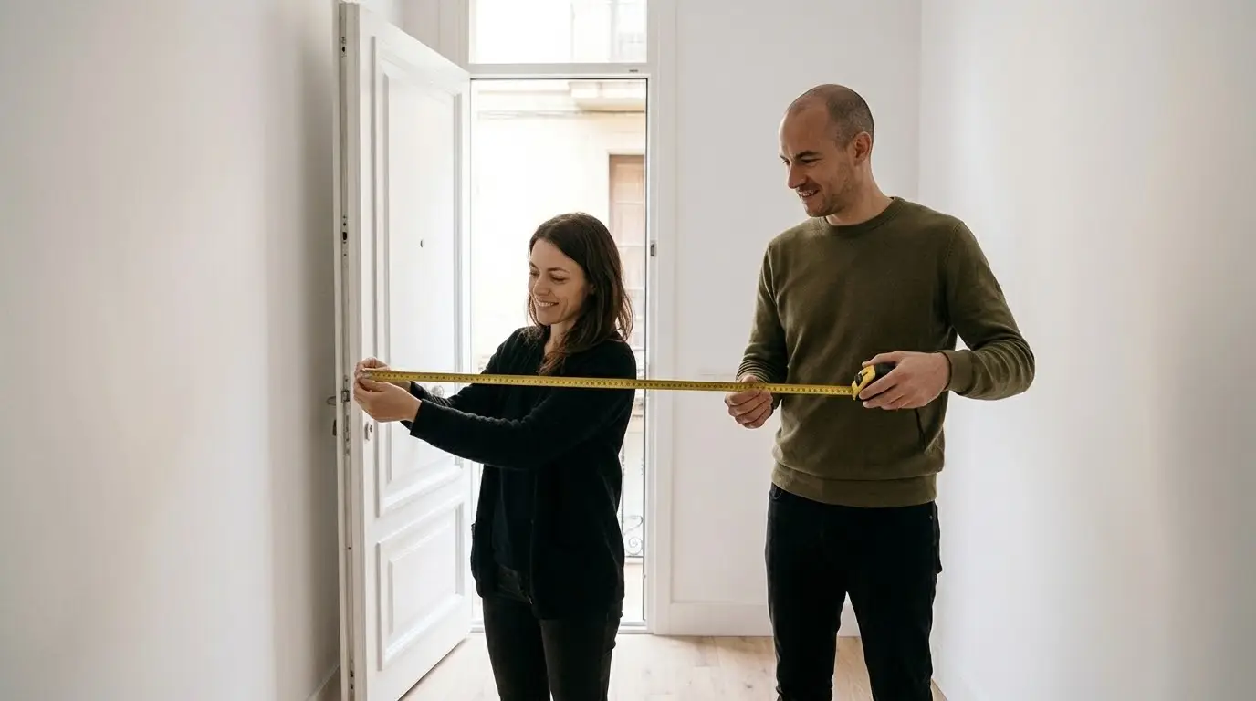Pareja de unos cuarenta años midiendo el hueco de la puerta de entrada de su piso con un metro