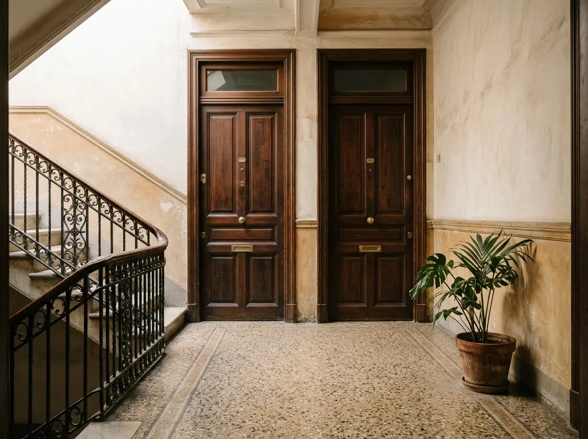 Rellano de un edificio de viviendas de Barcelona con dos puertas de piso de madera iguales