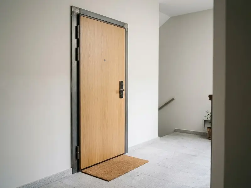 Puerta acorazada con acabado de madera clara en el rellano de un edificio