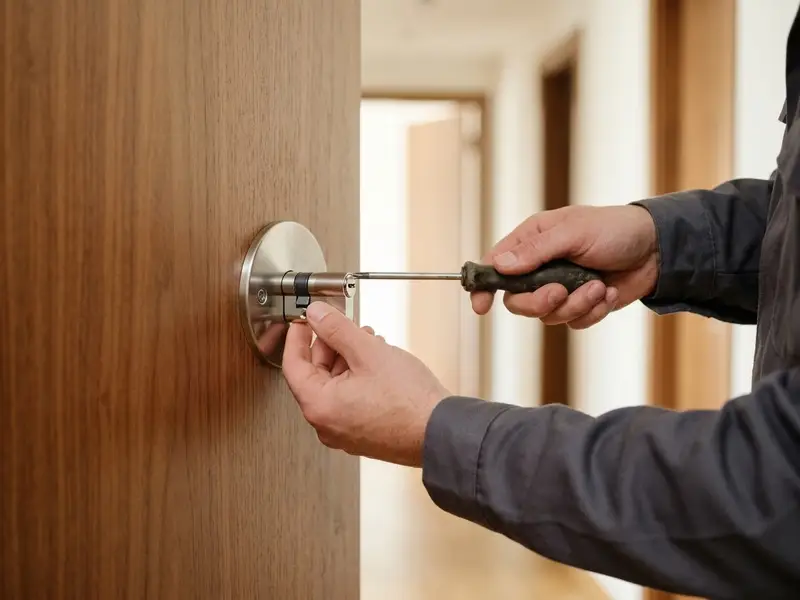 Manos de un técnico colocando un bombín nuevo en el canto de una puerta blindada