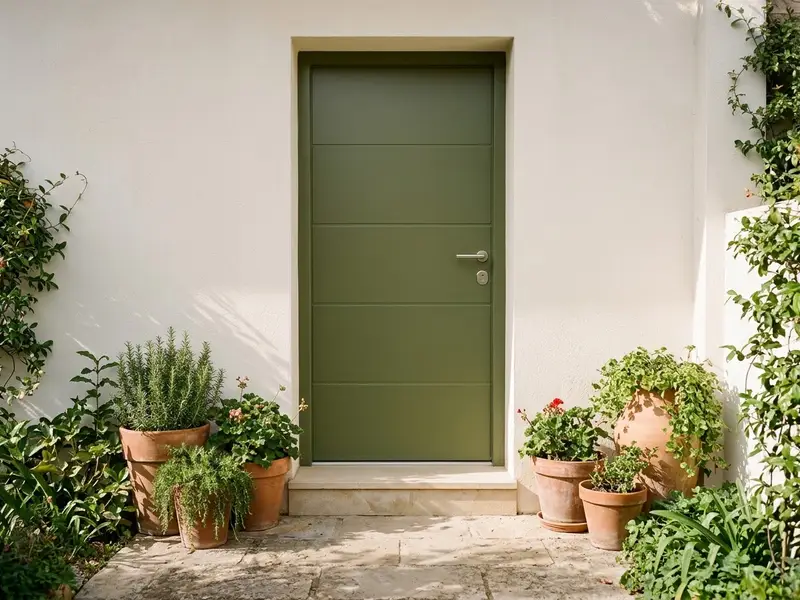 Puerta de entrada blindada de color verde oliva en una casa con jardín