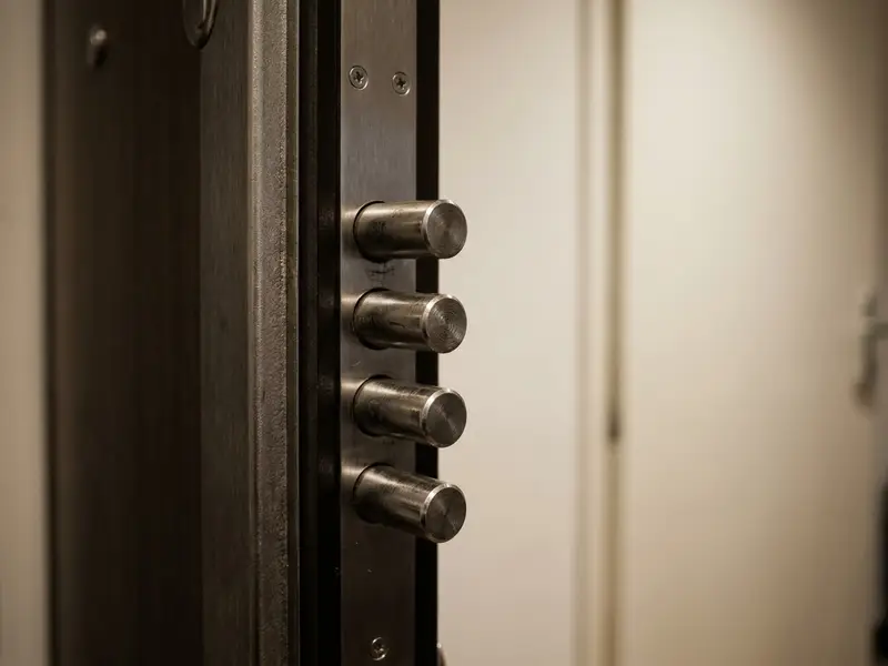 Canto de una puerta de seguridad abierta, con los cierres de acero a la vista