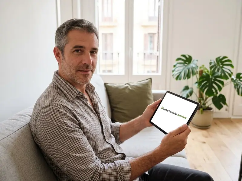 Hombre mirando en una tableta la web de puertas blindadas, sentado en el sofá de su piso